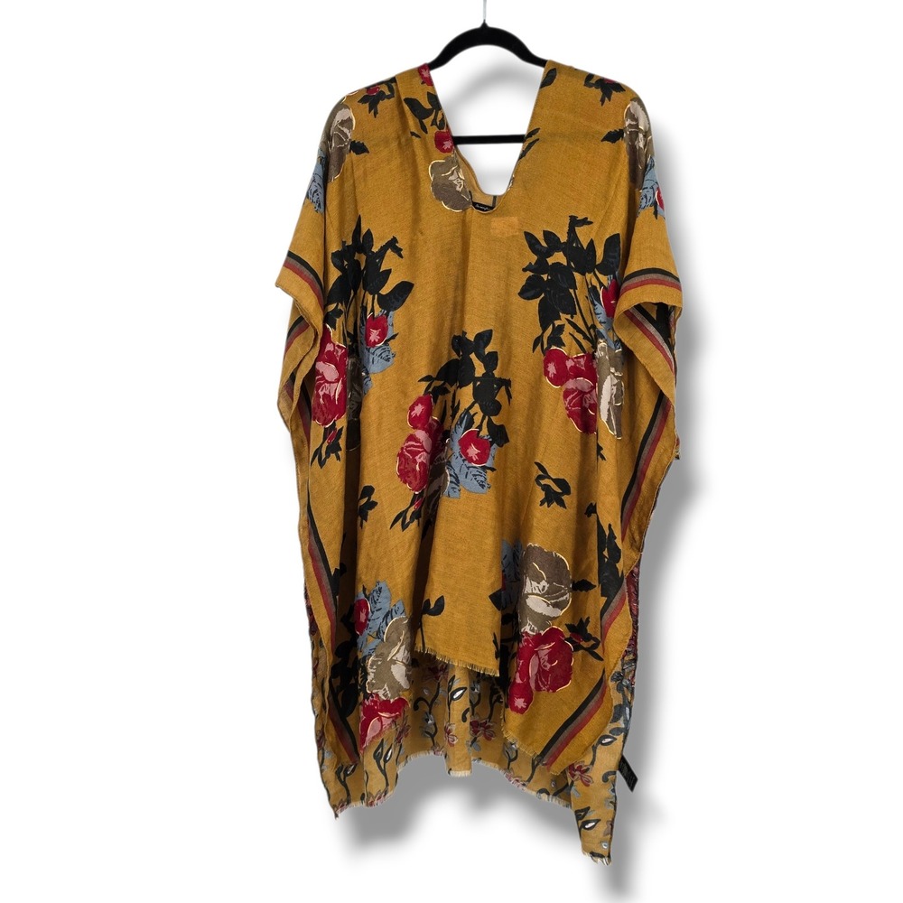 Do Everything in Love Mustard Yellow Floral Gold Foil Poncho Kimono One Size NWT